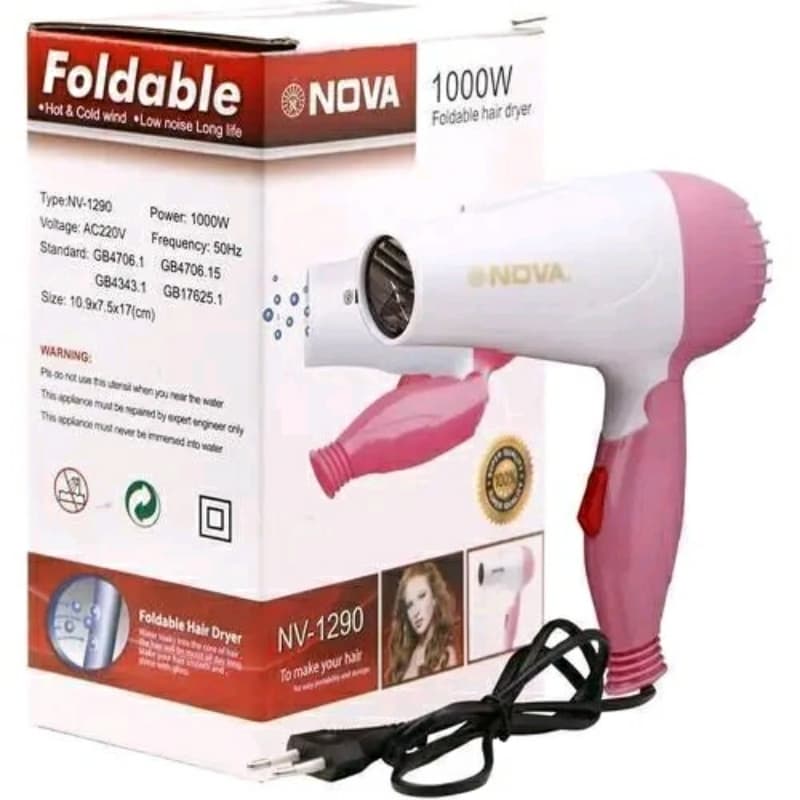 Nova 1000w  Heavy Duty Electrical Foldable Hair Dryer (random Color)